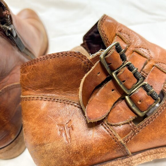 Frye Ray Belted Bootie Brown Leather Ankle Boots Women’s 8.5M Triple Buckle EUC - Picture 9 of 11